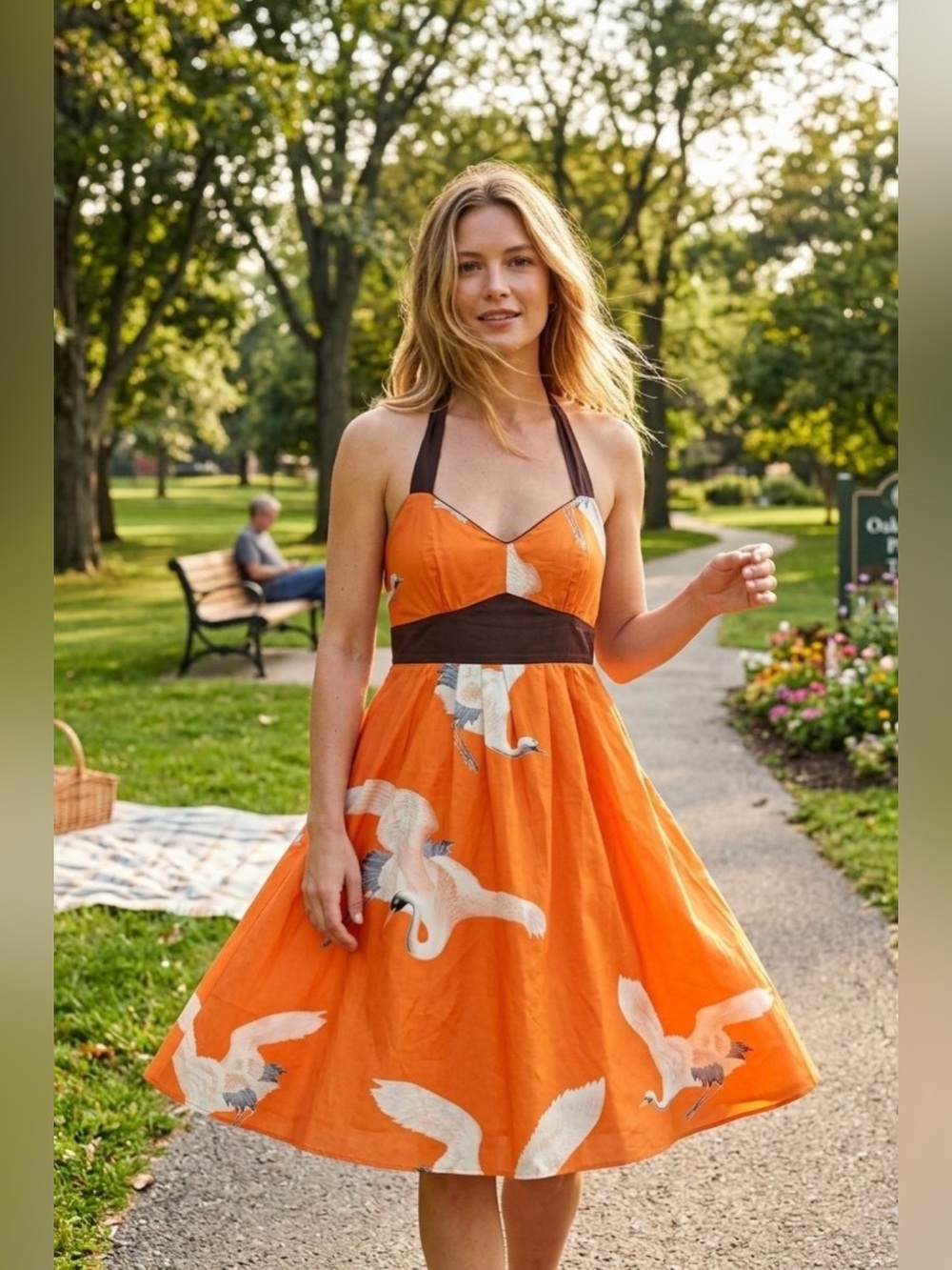 Moulinette Soeurs SILK Orange Crane Print Halter Dress… Anthropology